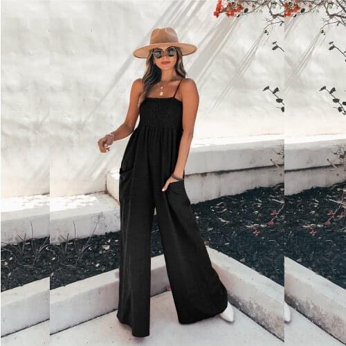 Summer Women Sleeveless Elastic Rompers Loose Jumpsuit O Neck Casual Backless Overalls Trousers Wide Leg Pants 3 Color S-XL