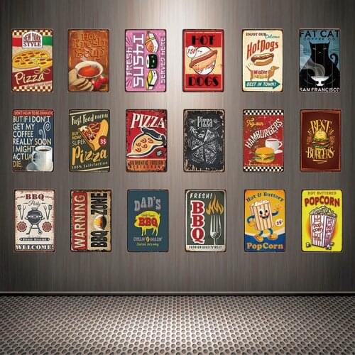 [ Mike86 ] Hot Dog Pizza Burger BBQ Food Tin Sign Custom Poster Personality Classic Metal Painting Decor Art ZZ-02