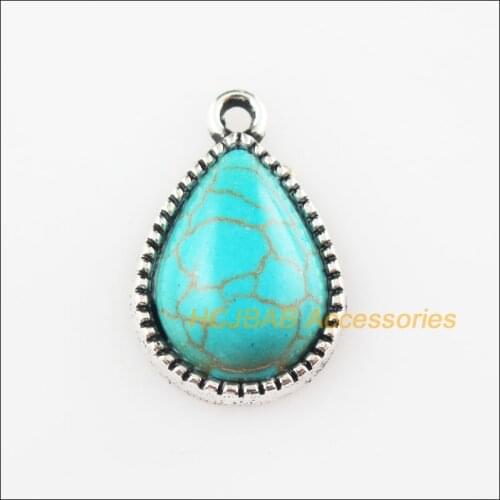 Fashion 8Pcs Retro Tibetan Silver Teardrop Stone Charms Pendants 13x19mm