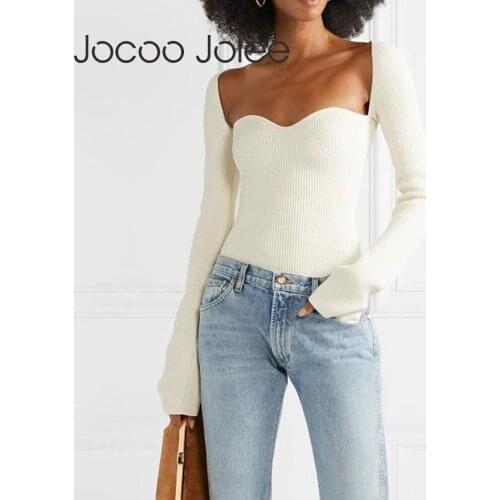 Jocoo Jolee 2020 New Autumn Women cashmere sqaure collar Sweater Full Sleeve Elastic High Waist Sexy Knitted Pullover Jumpers