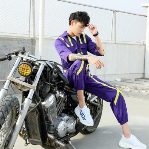 Spring and summer new mens personality hit color jumpsuit mens hip hop fashion loose jumpsuit men clothing