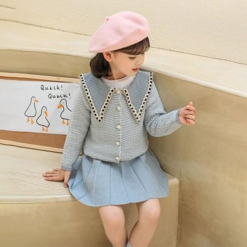 Baby girl clothes 1-6Y autumn and winter warm knitted sweater suit doll collar cardigan + pleated skirt girl two-piece suit