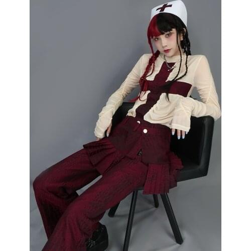 Original design punk gothic cross print mesh tshirt pleats long sleeve translucent slim grunge basic tee tops hot girls t shirt