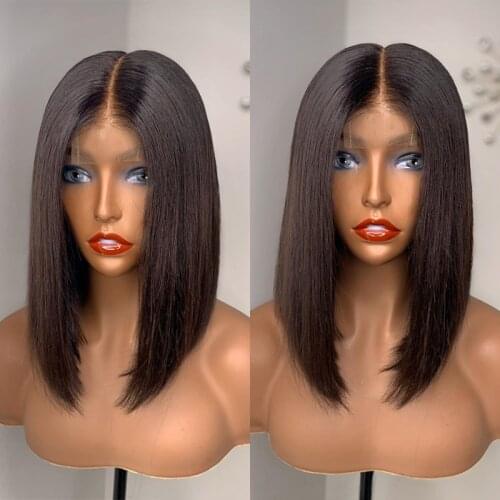 Pre Plucked Lace Front Human Hair Wigs T Part Lace Wig Straight Short Bob Peruvian Remy Human Hair Lace Front Wig 180% Blunt Cut
