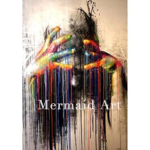 Hand made Artist Two Hands Abstract Pop Art color Oil Painting On Canvas Graffiti artwork