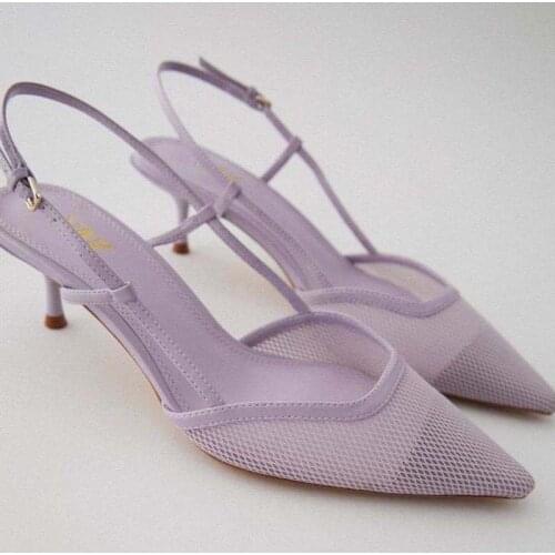 Brand Cat Heel Womens High Heels Womens Sandals Pointed Toe Back Tripping Women Slippers Strap Thin Heel Purple Womens Shoes