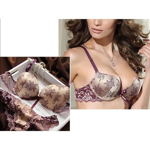 2pcs Sexy Women Embroidery Lace Deep V Lingerie Push Up Bra Lace Bra+ See-through Panty&Knickers Bra & Brief Sets Kit