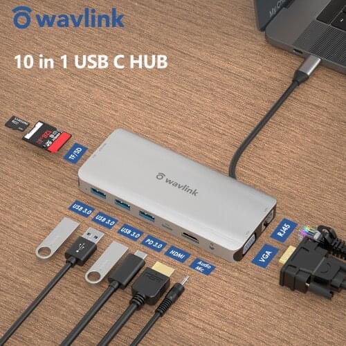 USB C HUB to HDMI VGA RJ45 Audio SD Card Mini USB 3.1 Adapter 10 in 1 USB C to USB 3.0 Dock With Power Delivery for MacBook Pro