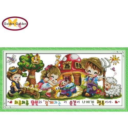 GG Happy Farm Counted or Stamped Cross Stitch 11CT14CT DIY Kit Joysunday Needlework Embroidery Cartoon Cross Stitch Set for Kids