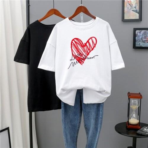 Women Summer Casual Heart Printed Couple Outfit Round Neck Loose Short Sleeve Fresh Shirt Tees Plus Size Tshirt Clothing