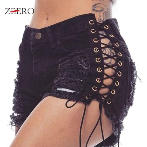 Women Denim Shorts Sexy New Hole Summer Black Blue Lacing Short Feminino Slim Sexy Bandage Jeans Shorts Women Ripped Short Pants