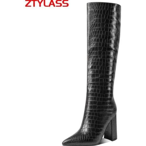 Stone Pattern Women Boots Faxu Leather Square High Heel Knee High Boots Pointed Toe Autumn Winter Shoes Big Size 34-43