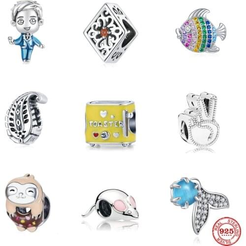 2021 New Fit Original Pandora Charms Bracelet 925 Sterling Silver Fish Mouse Boy Leaves Beads DIY Women Jewelry Making