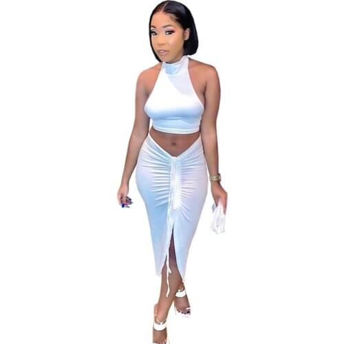 European and American Womens Halter Neck, Belly, Drawstring, Legs, Sexy, Solid Color, 2-Piece Female