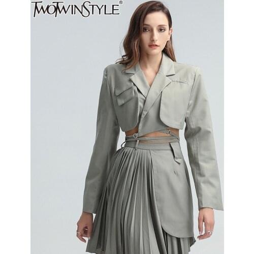 TWOTWINSTYLE Patchwork Bandage Blazer For Women Notched Collar Long Sleeve Hollow Out Plus Size Coat Female 2020 Korean Clothing