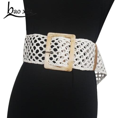 Vintage Womens Runway Fashion Knitted Cummerbunds Belt Female Dress Round Big Buckle Corset Belt Waistband Decoration Wide Blet