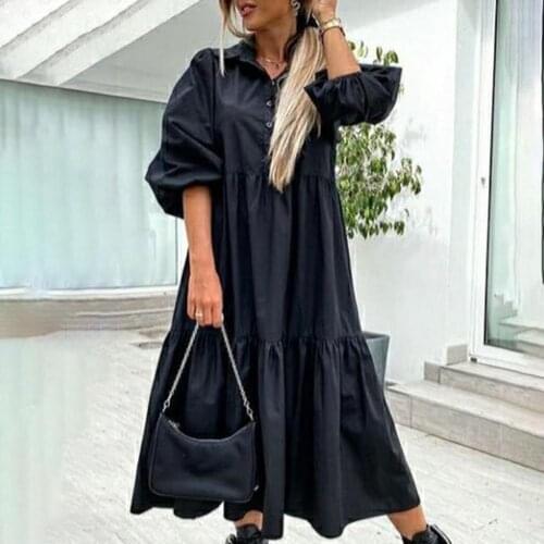 Spring Summer Long Dress Women Shirt Dress Solid Color Large Hem Cotton Blend Half Sleeve Turn Down Collar Streetwear Dresses