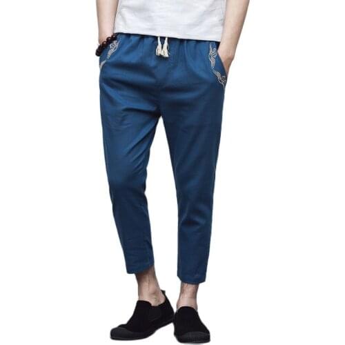 2021 New Mens Chinese style Cotton Linen Pants Male Summer Breathable Solid Colorembroidery Linen Pants M-5XL