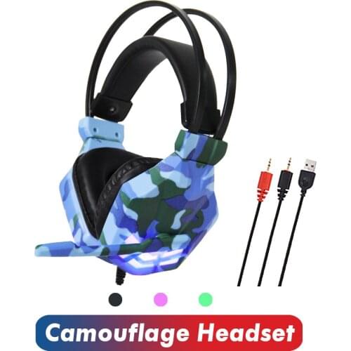 3.5mm Wired Camouflage PC Gaming Headset with USB Light Over Ear Headphone with Cable Volume Control Headphones with Mic