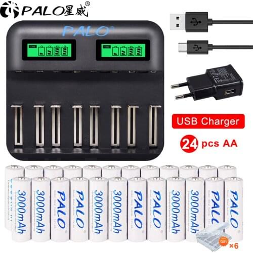 8-24pcs Palo AA Rechargeable Battery AA NiMH 1.2V 3000mAh Ni-MH 2A Pre-charged Bateria Low Self Discharge AA Batteries