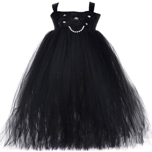 Black Flower Girl Tutu Dress Ankle Length Princess Flowers Girl Gown Dress Kids Pageant Wedding Party Dresses for Girls 1-14Y