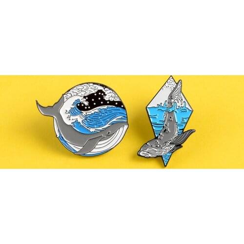 Deep sea whale pin Blue Wave Lonely grey whale enamel pins and brooches Lapel pin badge Clothes backpack bag Animal jewelry gift