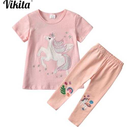 VIKITA Girls Clothes 2pcs Outfits Children Unicorn T shirt and Leggings Kids Licorne Cotton Tees Tops Pants Toddlers Summer Sets