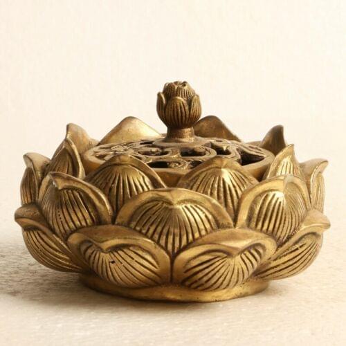 Chinese Brass Incense burner Hand Carved Lotus flower W Qianlong Mark