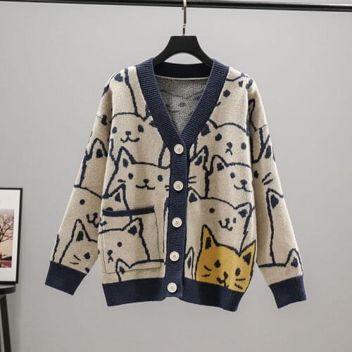 2021 fashion women autumn and winter new v-neck sweater cardigan cartoon pattern foreign color matching knitted jacket