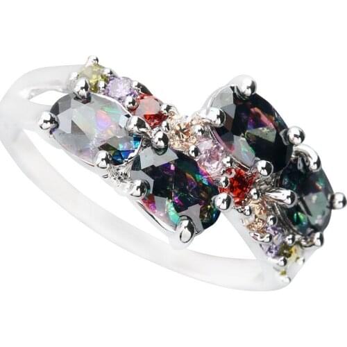 Handmade Multi-Color Rainbow Stone 4*6mm Semi-precious Stone Silver Cool For Women Ring Q1175