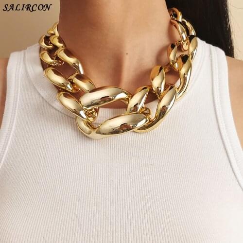Punk Aluminium Big Thick Choker Necklace for Women Men Vintage Acrylic Gold Color Chunky Chain Necklace Goth Fashion Jewelry