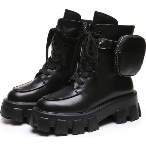 Fashion Black Platform Womens Short Boots New Round Toe Lace Microfiber Leather Womens Shoes Side Small Bag Design Work Boots