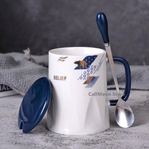 Milk Water Coffee Cup 370ML Simple Mug Ins Ceramic Cup Student Korean Style Modern European Style Mug with Lid and Spoon Tea Cup