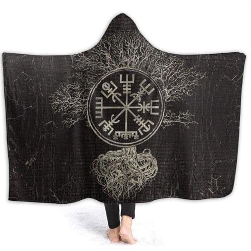 Soft warm flannel Vegvisir And Tree Of Life Hooded Blanket Viking Nordic blankets for Sofa Sherpa Fleece Bedspread Wrap