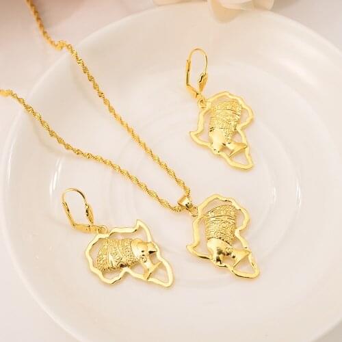 New african map women head gold Jewelry Set for Women Drop Dangle Earrings Tassel Pendant necklace wedding bridal party gifts