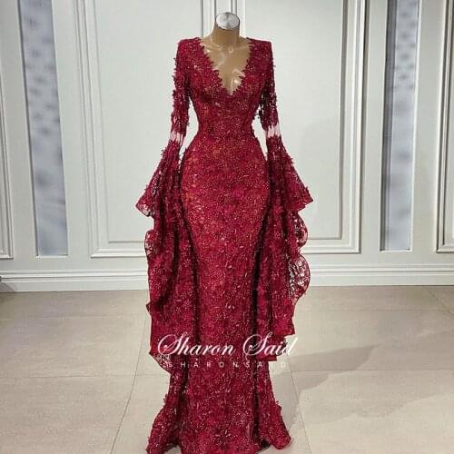 Saudi Arabic Formal Gown Long Sleeve Burgundy Evening Dresses 2021 Luxury Dubai Beaded Lace Mermaid Prom Graduation Party Dress