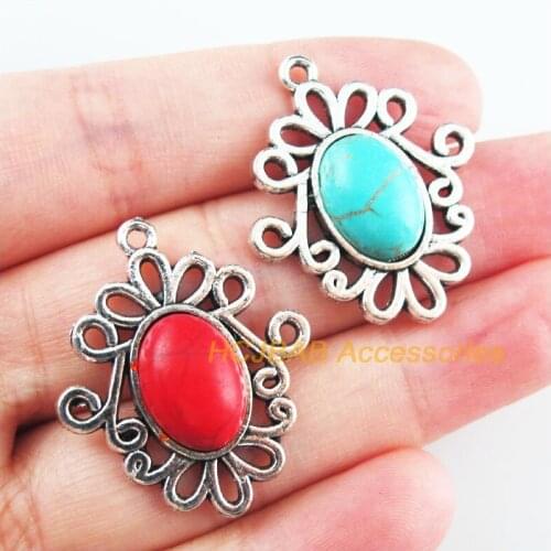 6Pcs Retro Tibetan Silver Tone Oval Flower Blue&Red Stone Charms Pendants 27x32mm