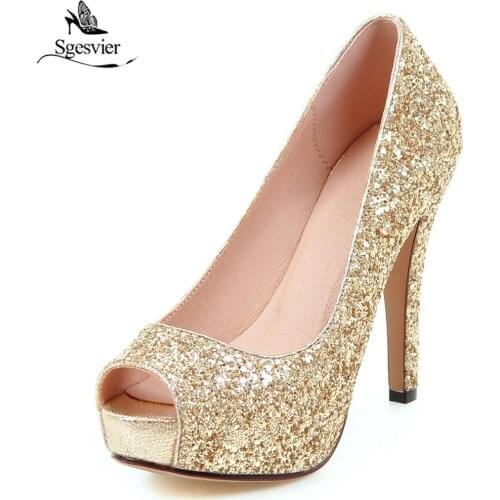 Sgesvier Sexy Super Thin High Heel Glitter Peep Toe Women Pumps Ladies Prom Bling Platform Shoes Elegant Autumn Single Shoe B429