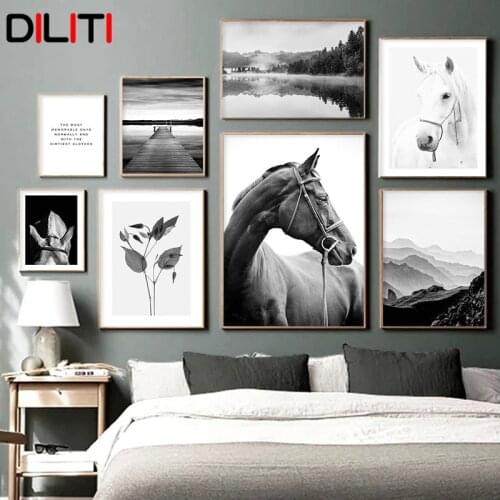 Scandinavian Motivational Quotes Wall Art Picture Black White Horse Canvas Print Nature Scenery Painting Poster Home Decor