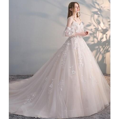 Elegant Appliques V-Neck Wedding Dresses Spaghetti Straps Brush Train Flower Dew Shoulder Spaghetti Straps Married Apparel