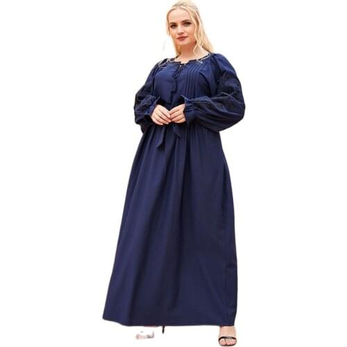 Fabric For Abaya Evening Fashion Large Womens Navy Blue Embroidered Round Neck Arabian Casual Dress Mca9148