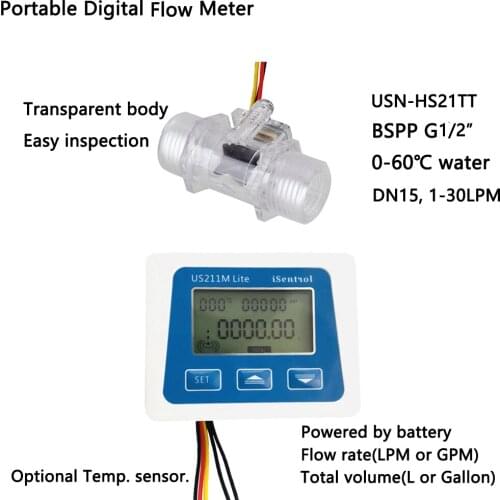 US211M Lite USN-HS21TT Transparent 1-30L/min Digital Flow Meter 5V Flow Reader Compatible with our flow sensor no temperature