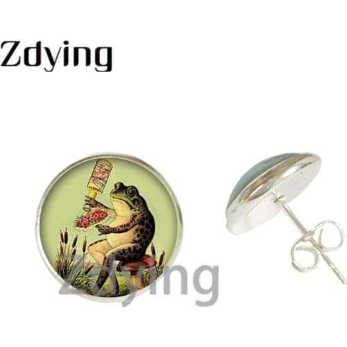 Zdying Vintage Frog And Girl Violin Bottle Stud Earrings Glass Photo Cabochon Dome Earrings For Woman Girls Jewelry Gift Q004