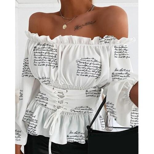 Women Sexy Print Solid Color Off Shoulder Long Sleeve Lace Up Corset Shirts Ruffle Belted Waist Lady Shirt Elegant Slash Neck