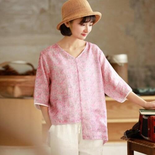 Johnature Summer Retro Fashion Floral Print Irregular V-neck Pullovers Shirt 2021 New Simple Comfortable All-match Women Tops