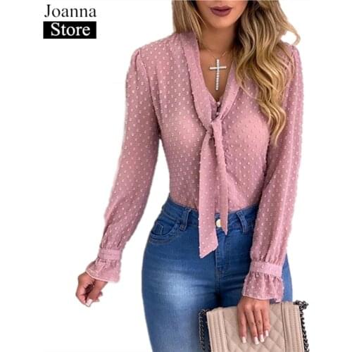 Spring New Short Chiffon Shirts Women V-Neck Bow Ruffle Sleeve Single-Breasted Slim Vintage Blouse Pink Plus Size Clothes Female