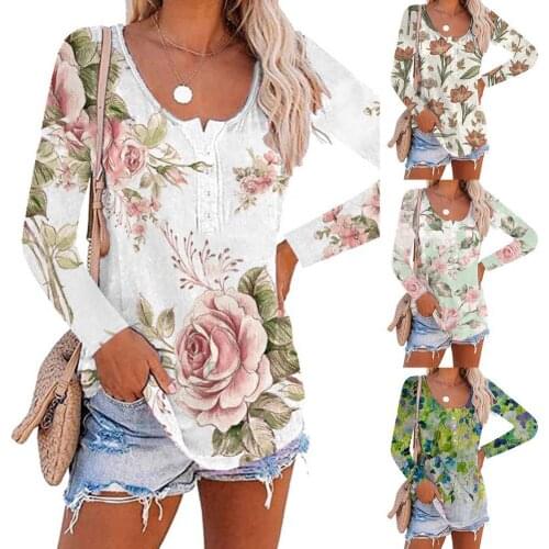 Floral Print T-Shirts for Women Casual Long Sleeve Tees Top Women Plus Size O-Neck Loose Tshirts Tops femme camisetas de mujer