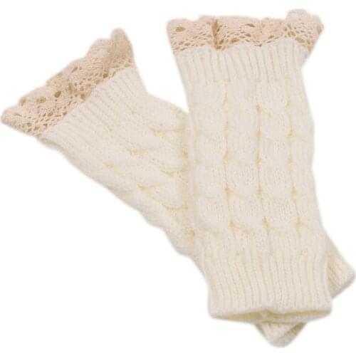 Women Winter Cable Knit Half Finger Gloves Lace Patchwork Fingerless Mittens H9ED
