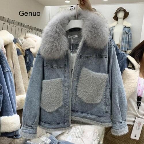 Winter Jacket Women 2020 Korean Loose Fur Collar Denim Oversize Short Female Jacket Elegant Thick Warm Faux Fur Lining Parkas