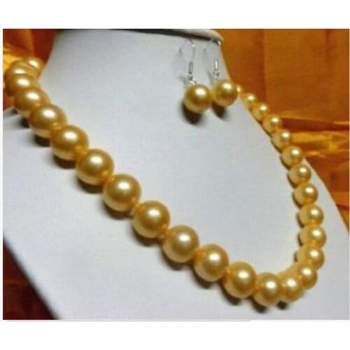 AAA 11-10 MM NATURAL Golden PEARL NECKLACE 18" earring Yellow Clasp